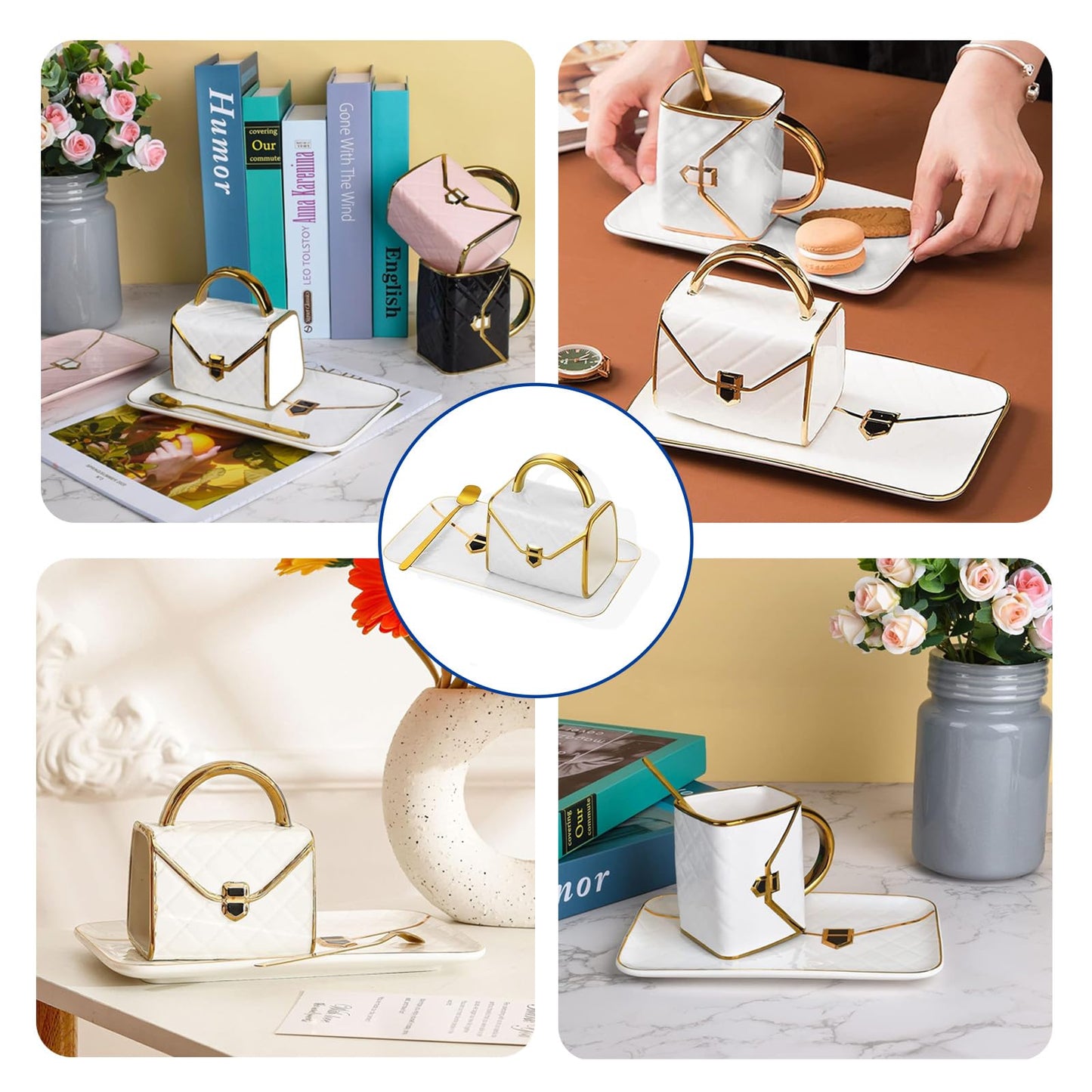 Set of 4 Ceramic Coffee Mug with Saucers, 10oz Tea Cup with Spoon, Handbag Porcelain Coffee Cup for Women Girl Gift, Espresso, Milk Hot Chocolate, Office Home