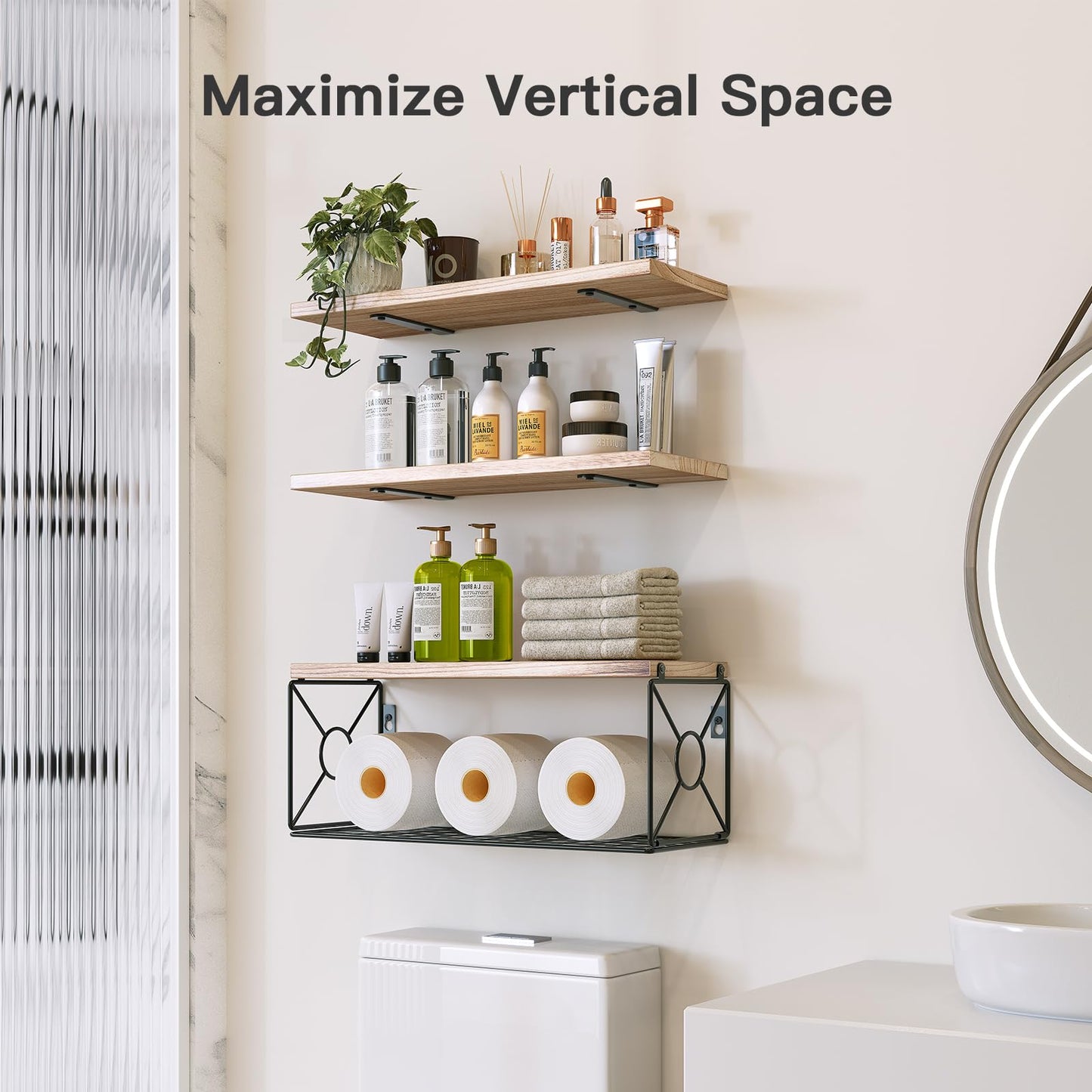 AMADA HOMEFURNISHING Bathroom Shelves with Storage Basket, Floating Shelves for Home Organization & Wall Decor, 3 Set Natural Wood Wall Shelf for Bathroom/Bedroom/Kitchen, Natural Wood
