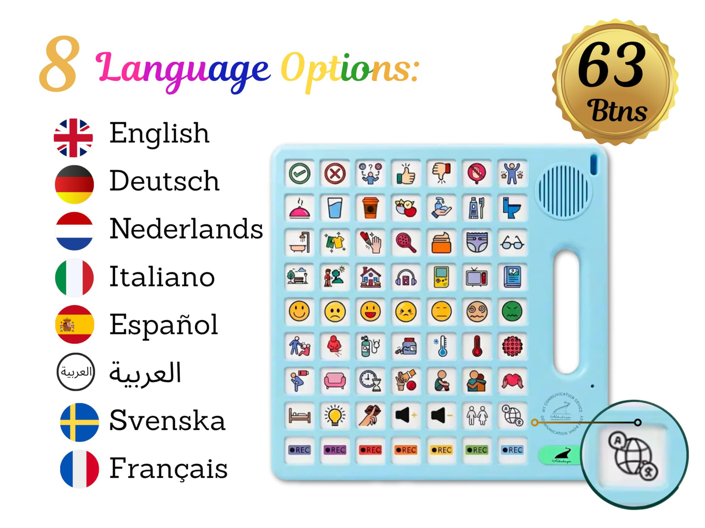8 Languages AAC Device with 63 Buttons - Speech Tool for Autism - TBI, Talking, Communication Support for Nonverbal Users, ALS, Stroke, Apraxia, Aphasia - Intuitive Audio with Lanyard.