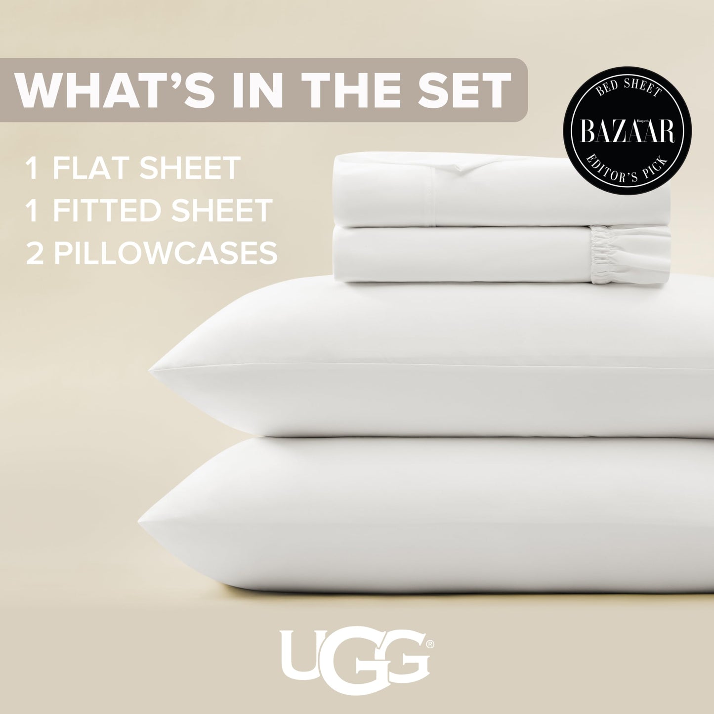 UGG Hedi Queen Sheet Set 4-Piece Luxury Cooling Sheets Deep Pockets Premium Bedding with 2 Pillow Shams Hypoallergenic Machine Washable Soft Lightweight Bed Set for Bedroom, Queen, White