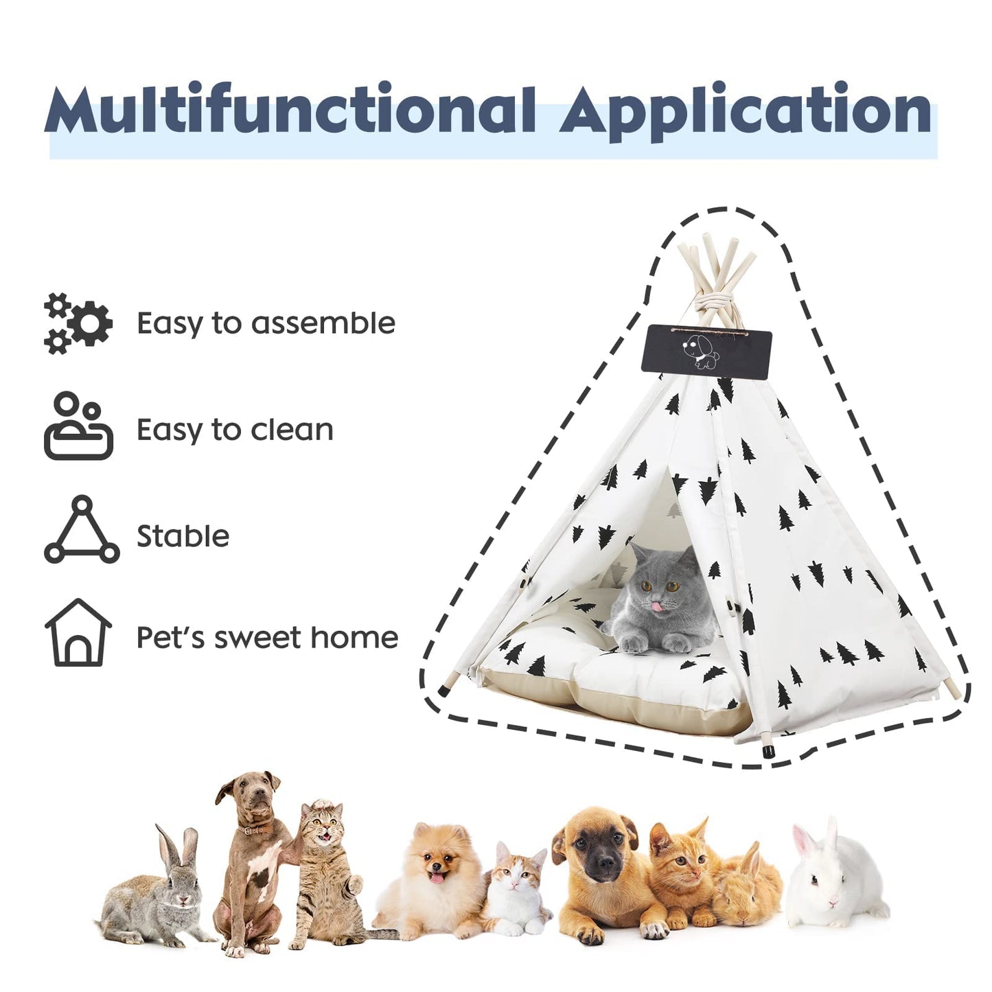 Pet Teepee for Dogs/Puppy and Cats with Thick Cushion Portable 24in Pet Tent with Blackboard Pet Houses Bed for Small Puppy Dog Indoor Outdoor