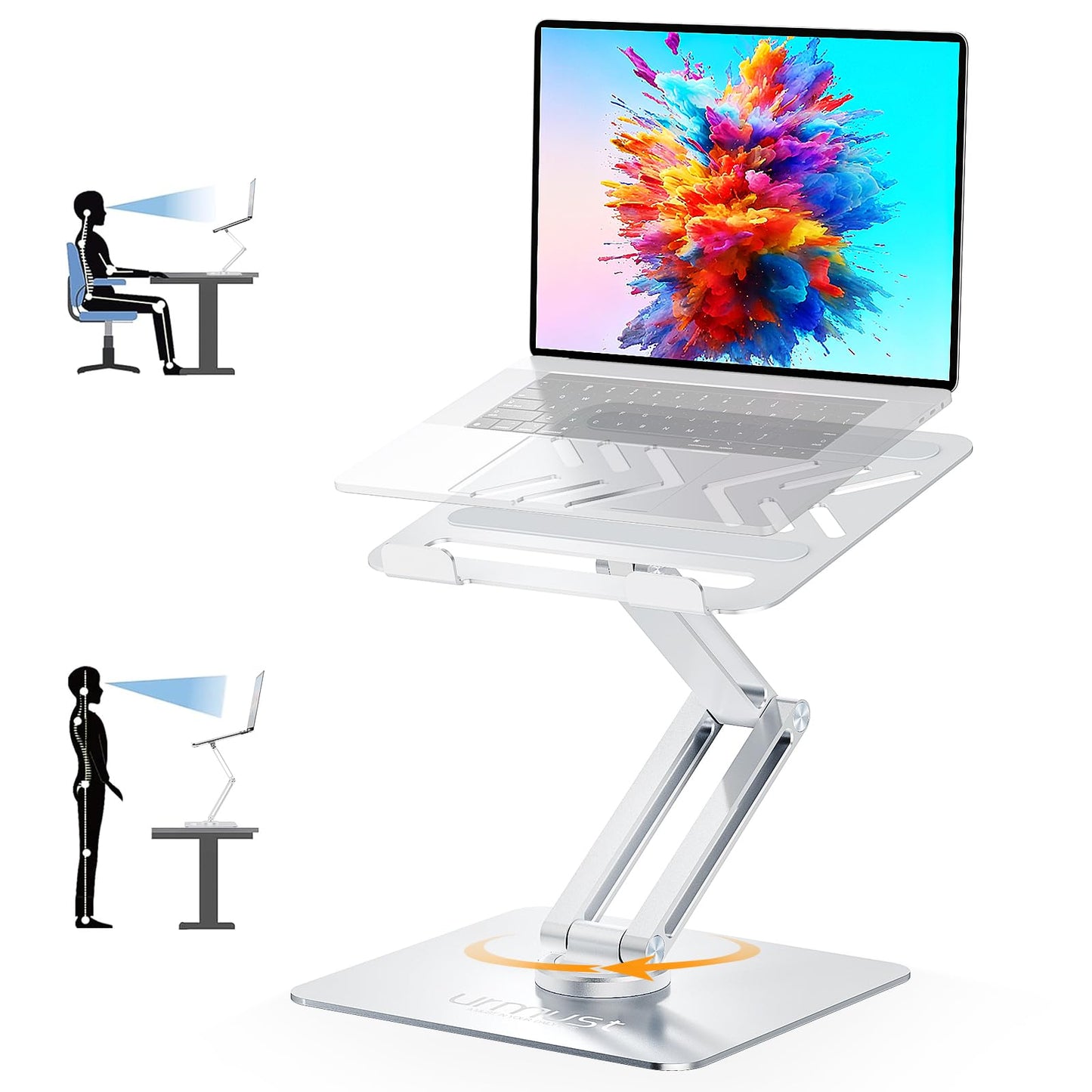 Urmust Adjustable Laptop Stand, Ergonomic with 360° Rotating Base, Foldable & Portable Laptop Riser, Compatible with MacBook, Dell, HP, Lenovo, and Other 10-17" Laptops (Silver)