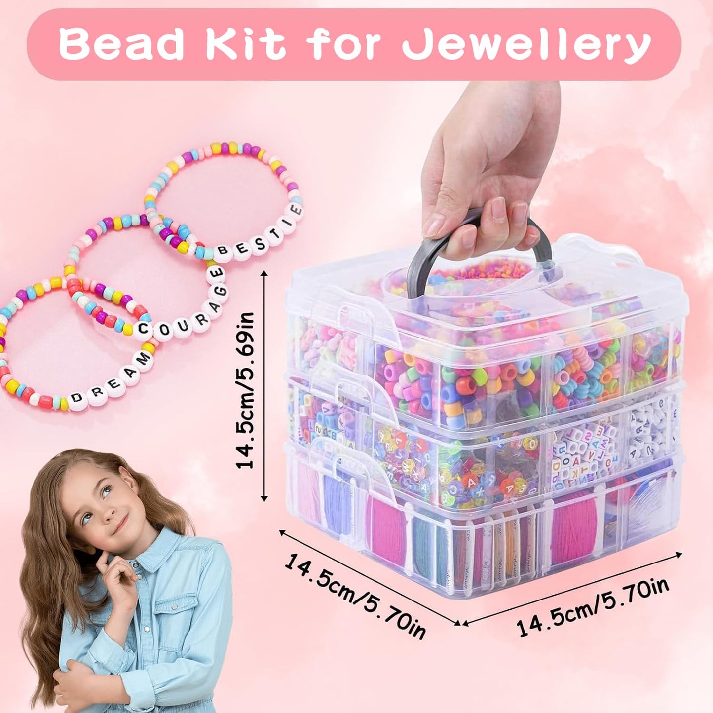 Kollsvein Girls Toys Bracelet Making Kit with 3-Tier Storage Box, Charm Beads Jewelry Making Kit Supplies, DIY Crafts Keychain Earrings Necklaces Birthday Gifts for Teen Girls Ages 6 7 8 9 10 11 12 Years Old
