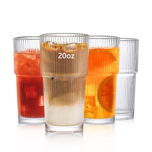 20oz Ribbed Glass Tumbler Set of 4 – Large Capacity Drinking Glasses for Iced Coffee, Water, Juice, and Cocktails – Elegant Modern Glassware for Everyday Use and Special Occasions