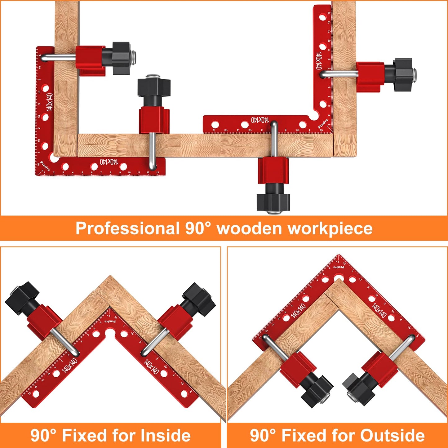 Preciva 90 Degree Positioning Squares (14cm/5.5"), Aluminum Alloy Right Angle Clamps Fixing Clamp, Professional Woodworking Tools Carpenter Squares for Picture Frame Box (5.5inch*4 Pack) (Red)