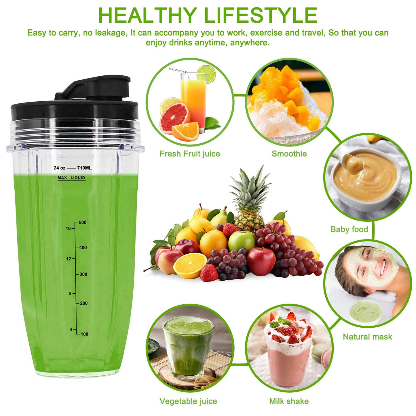 24oz Nutri Ninja Auto IQ Series Blender Cup Replacement - 7 Fins Blade Base & 2 Unbreakable Lids, Compatible with Ninja Auto iQ BL480-30 BL451-30 BL640-30 BN750 CT640C, BPA-Free Tritan
