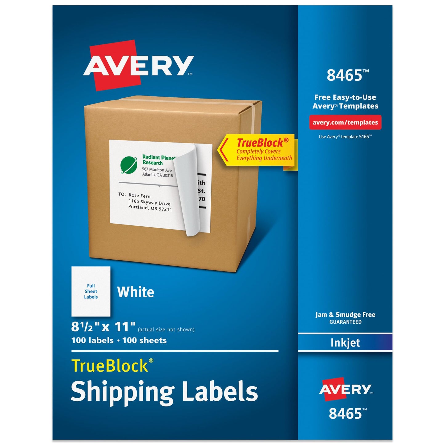 Avery® White Full-Sheet Labels for Inkjet Printers with TrueBlock™ Technology, 8-1/2 inches x 11 inches, Box of 100 (8465)