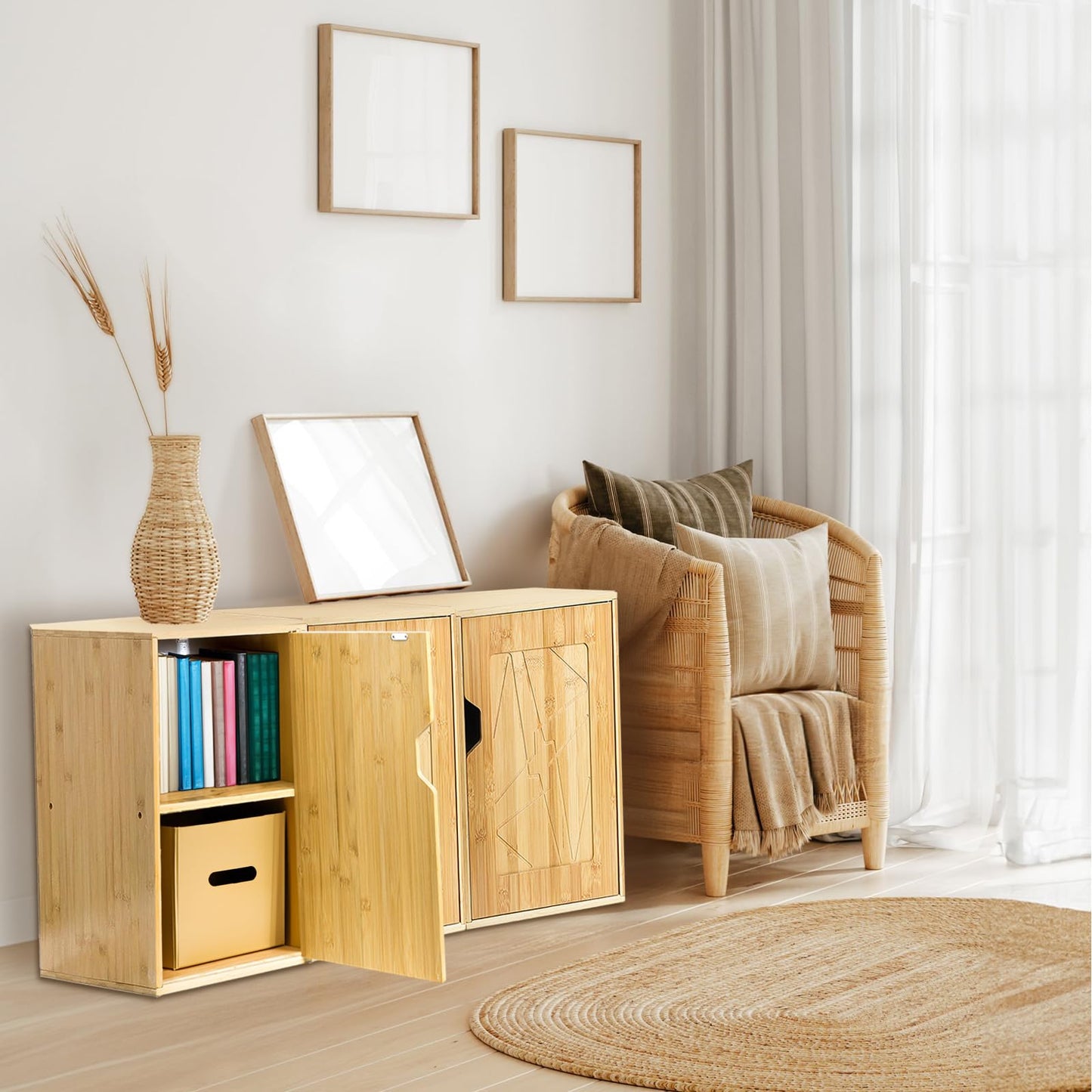 Fasmov 2 Tiers Cube Storage Organizer, Bamboo Bookshelf, Display Bookcase, Storage Cube Cubby Organizer with Door, Stackable Cubes Bin Small Cabinet for Bedroom, Home and Office