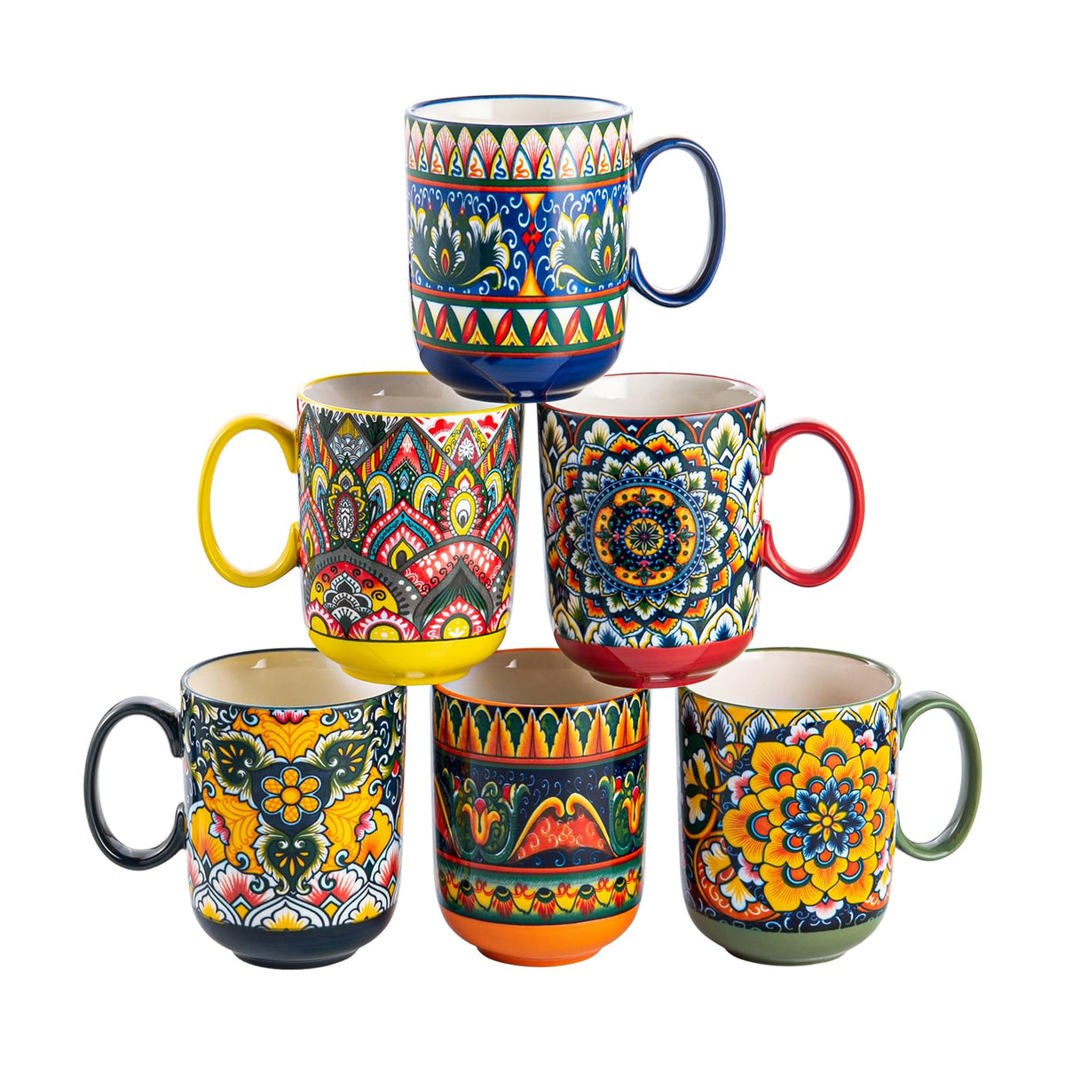 Henten Home Porcelain Coffee Mug Set of 6, 14 oz Colorful Latte Cup with Handle, Boho Ceramci Mug for Hot Chocolate, Milk, Tea, Cappuccino, Cocoa, Microwave & Dishwasher Safe