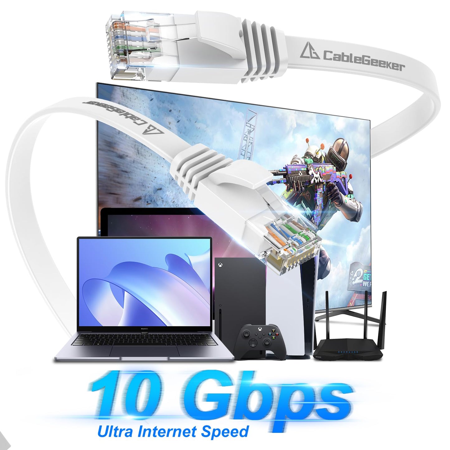 Cat 6 Ethernet Cable 150 ft White, Flat Cat6 Internet Network Cable, High Speed 10Gbps Computer Cord with 35 Clips & 4 Straps, RJ45 LAN Patch Cord for Outdoor, Indoor, Modem, Router, PS4/5