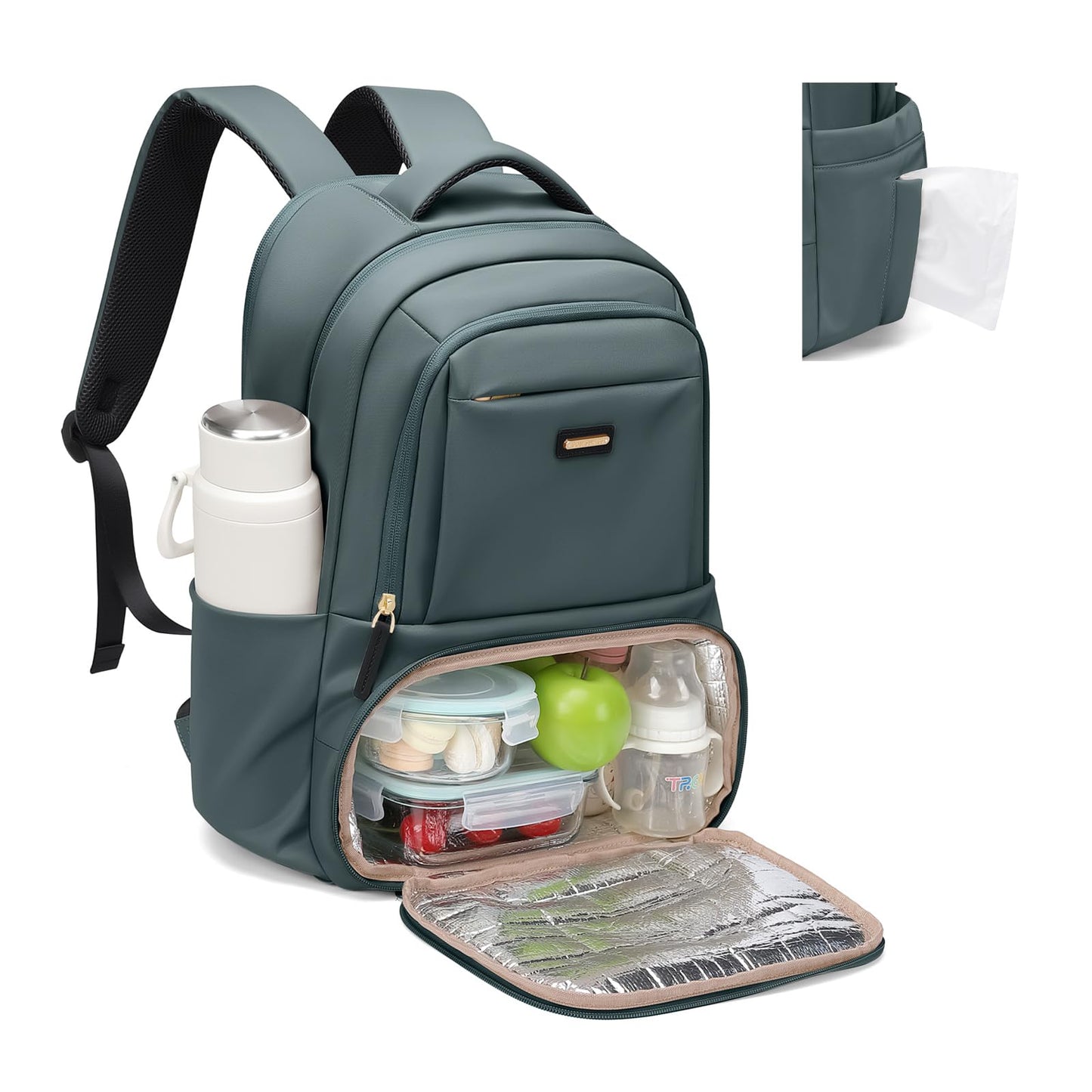 Lunch Backpack 16 Inch Laptop Backpack with Insulated Cooler Lunch Box Food Bag for College Work Camping Picnics (Atrovirens)