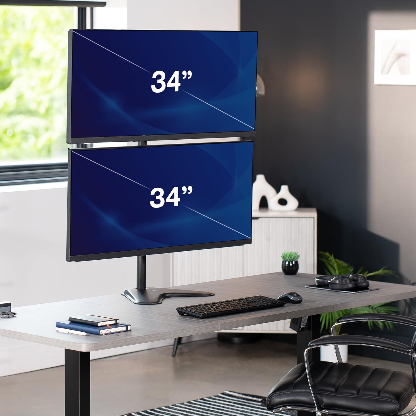 VIVO Dual Monitor Desk Stand Free-Standing LCD Mount, Holds in Stacked Vertical Position 2 Ultrawide Screens up to 34 inches, Black, STAND-V002L
