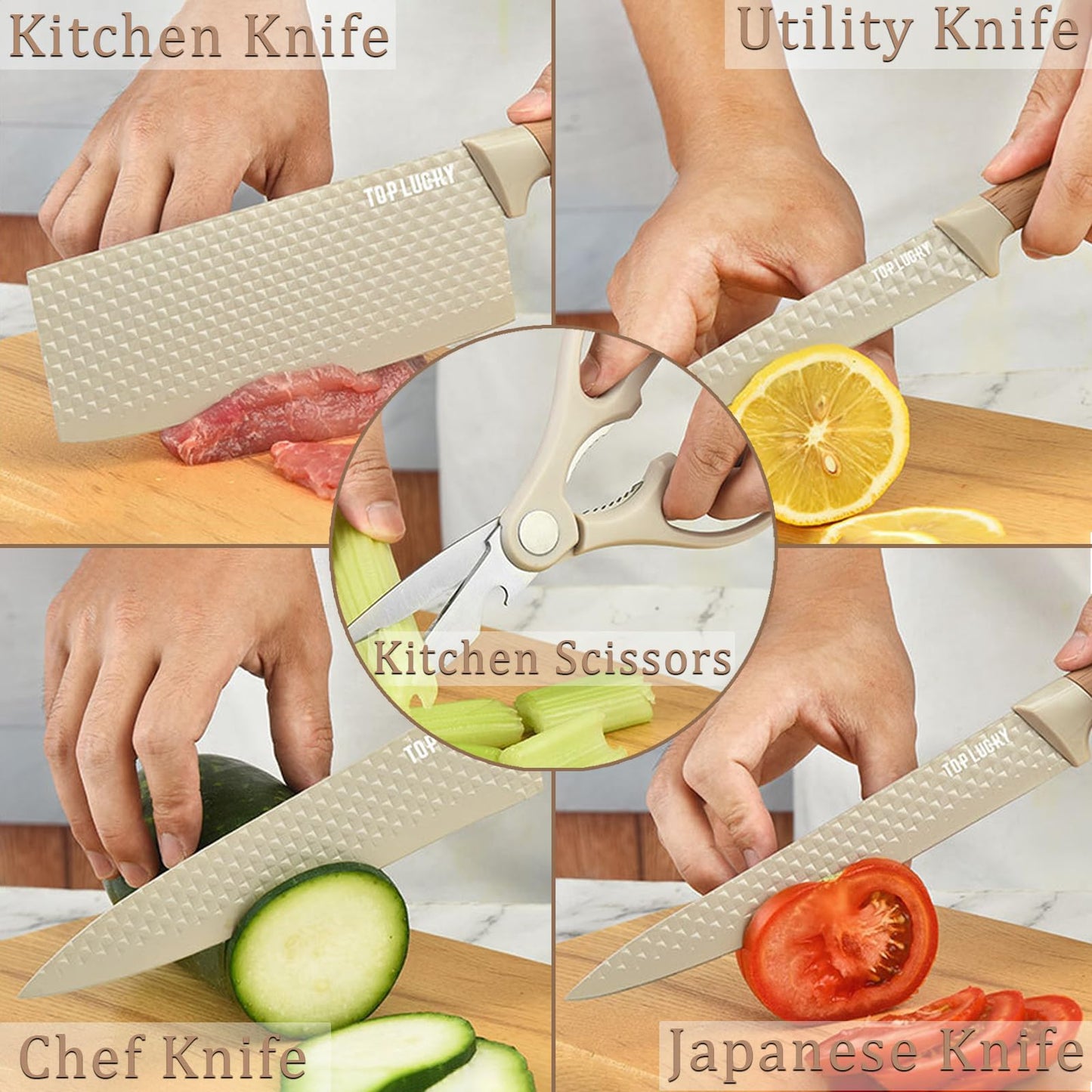 Kitchen Knife Set, 6-Pieces Khaki Sharp Knife Set for Kitchen, Non-Stick Non-Slip Stainless Steel Chef Knife Set with Universal Knife Block Suitable for Home Restaurant (Khaki)
