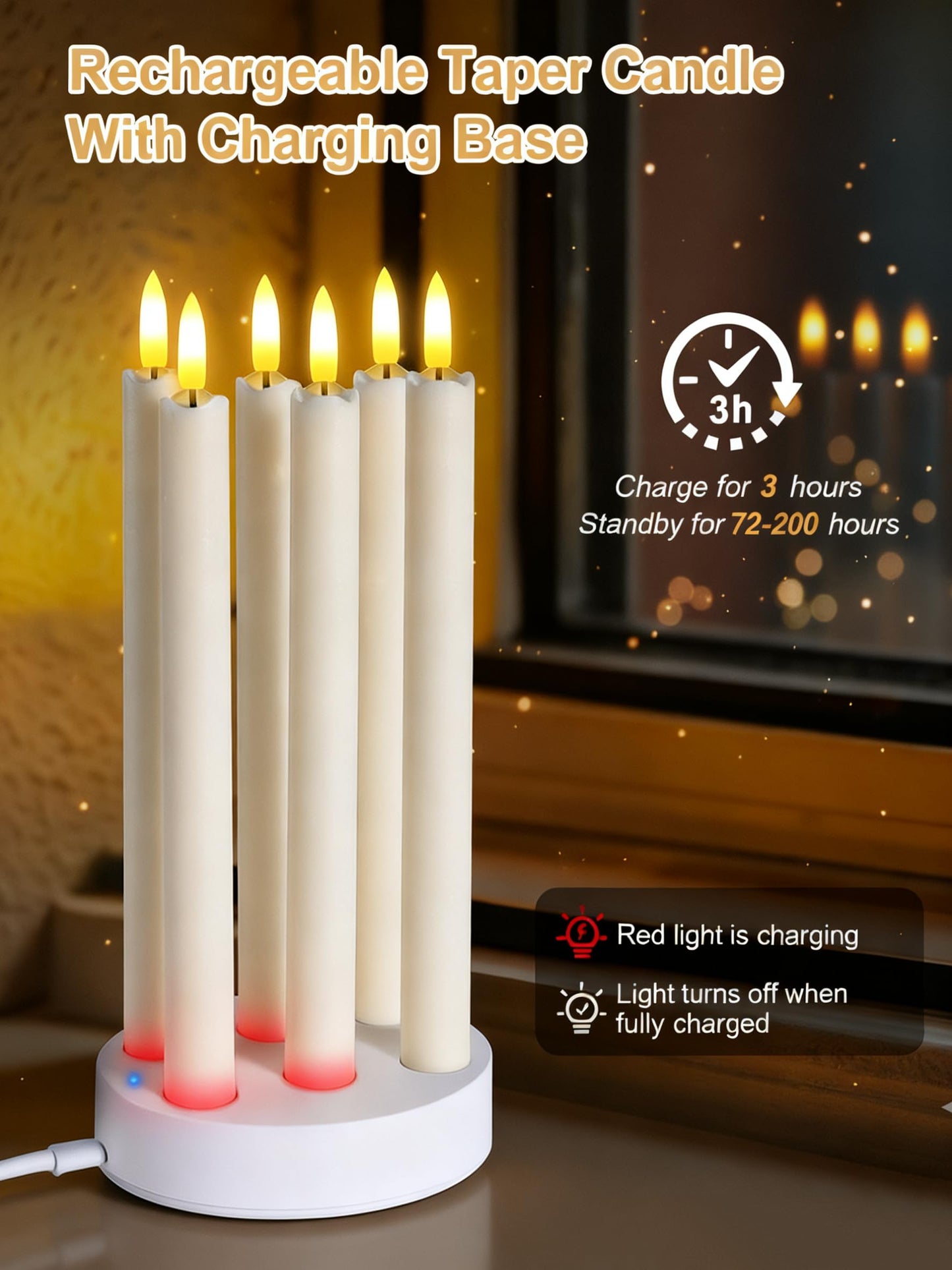 Rechargeable Flameless Taper Candles, 6 Pcs Real Wax Rechargeable LED Candles Flickering with Remote Timer and Charging Station, Battery Operated Candlesticks for Christmas Wedding Party Home Decor