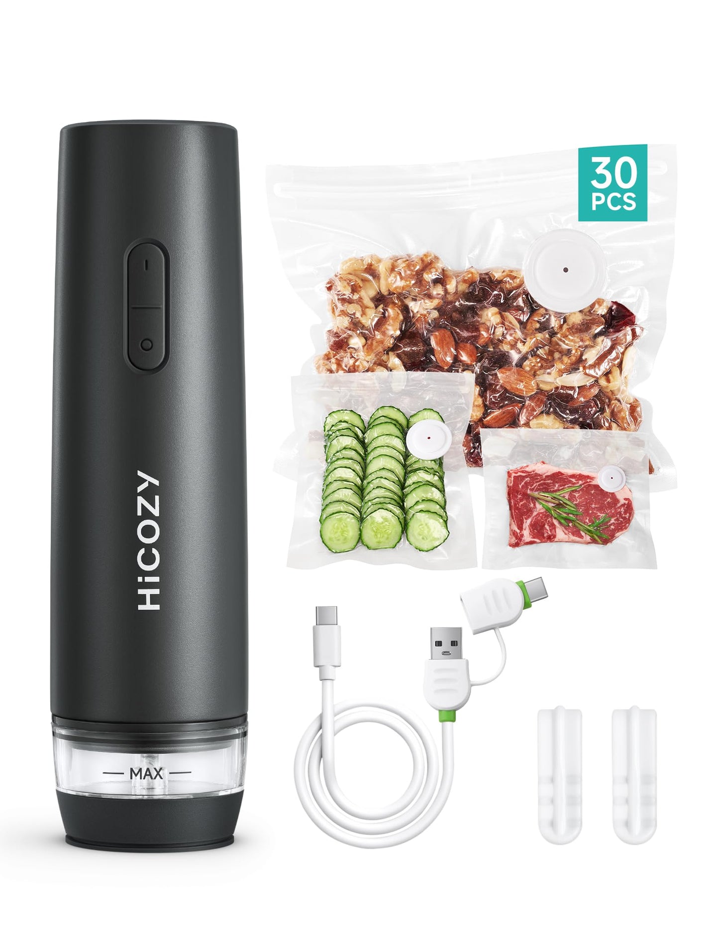 HiCOZY Vacuum Sealer, Handheld Vacuum Sealer Machine with 30 Reusable Bags, Portable Food Sealer with Visible Water Tank