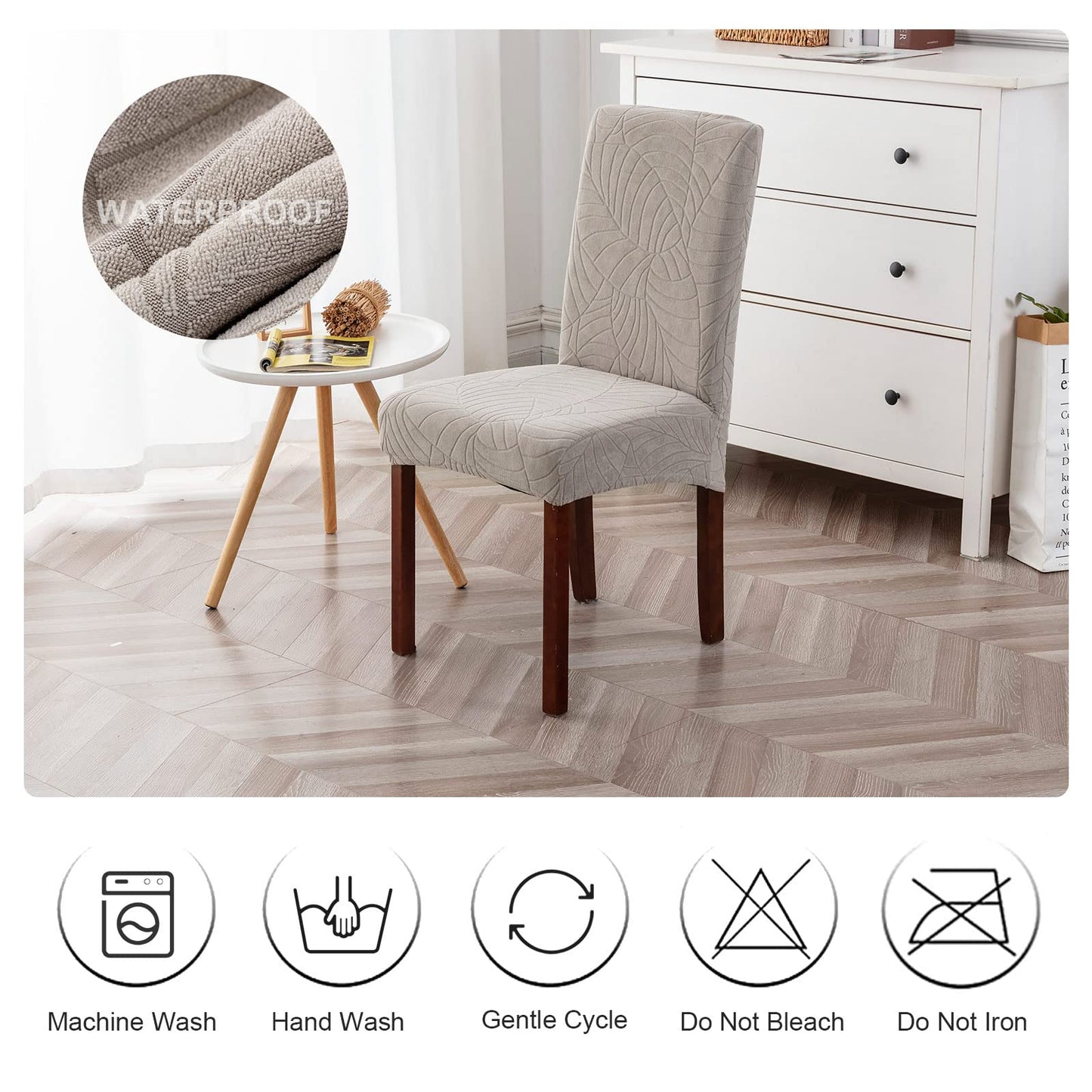 Genina Chair Covers Set of 4, Waterproof Dining Room Chair Covers Stretch Chair Slipcovers Protector for Dining Room Chair (Warm Grey Leaves, 4PCS)