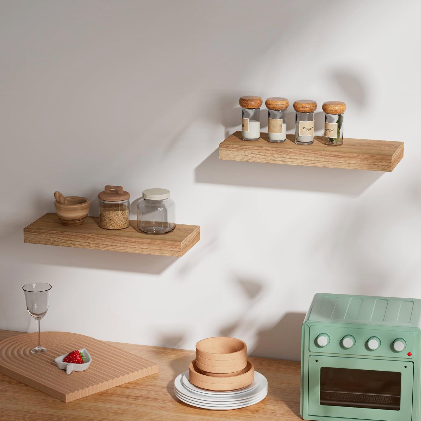 INHABIT UNION Oak Floating Shelves Wood for Wall 15.7in Wall Mounted Display Ledge Shelves Perfect for Bedroom, Bathroom, Living Room and Kitchen Decoration Storage(Set of 2)