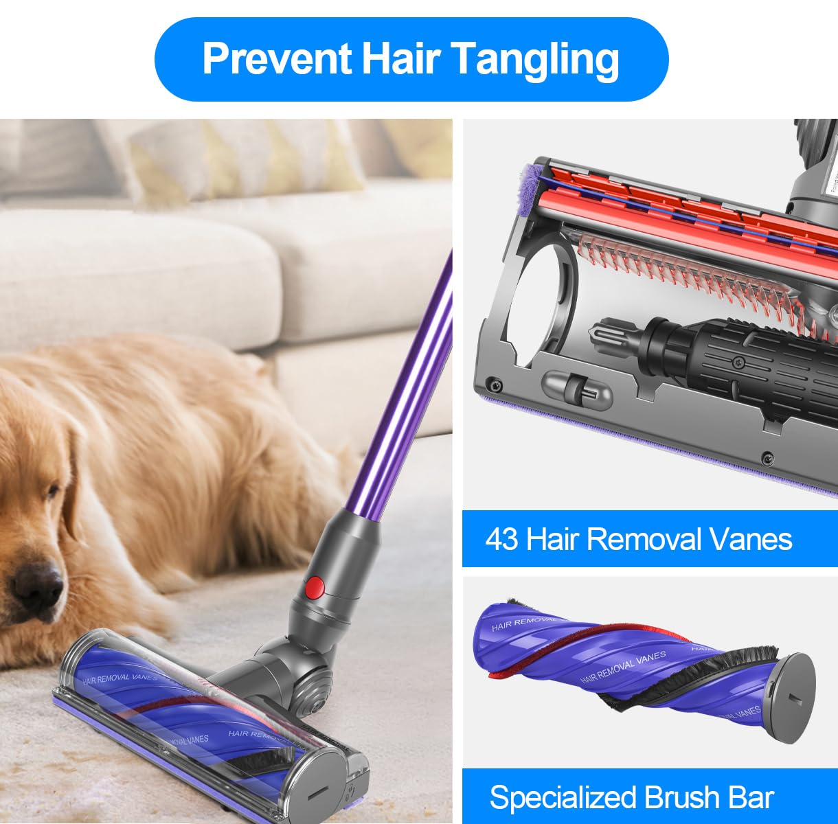 FUNTECK Anti-Tangle Motorbar Cleaner Head for Dyson V12 & V9 Motorbar, Motorized Vacuum Head for Carpets and Smooth Hard Floors, Ideal for Pet Owners