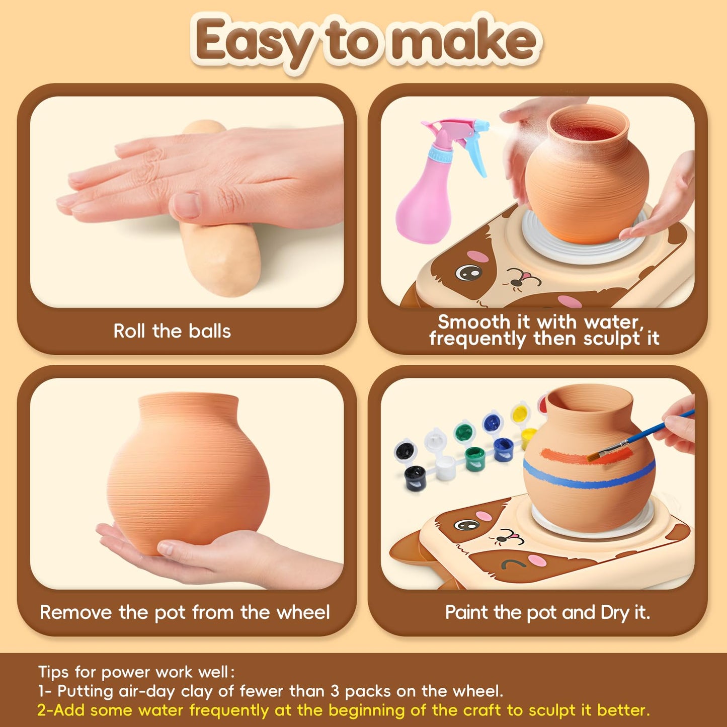 Skirfy Pottery Wheel Kit for Kids Adults,Mini Pottery Wheel Painting Kit & Clay Sculpting Tools for Kids Toys,Complete Kit for Beginners with 6 Packs Modeling Calys,Arts & Crafts for Kids Ages 8-12