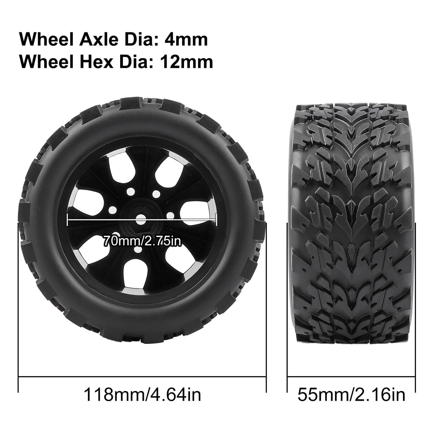 Acekeeps 4P 1/10 RC Monster Truck Tires Mounted Solid 12mm Hex Wheels for Traxxas Hoss Stampede Rustler Slash RC Car Black