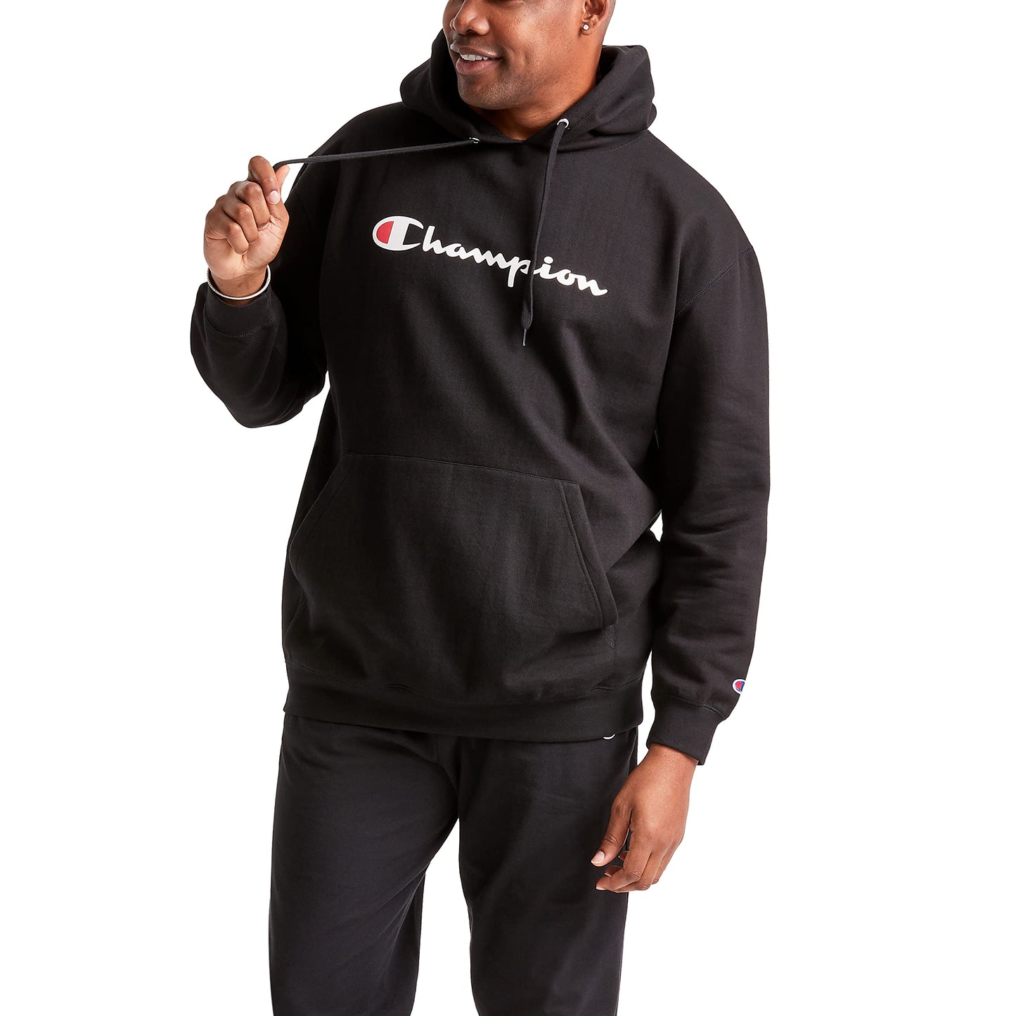 Champion Men's Graphic Powerblend Fleece Hoodie, Black Script, Medium