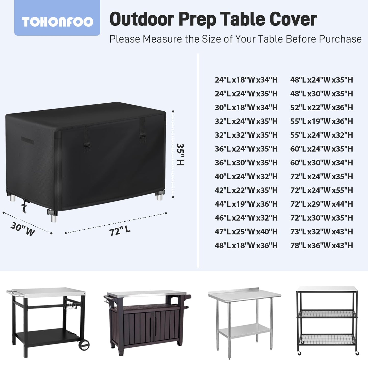 TOHONFOO Outdoor Prep Table Cover with Split Zipper - Waterproof Stainless Steel Metal Table Cover for Outdoor Dining, Grill & Cart - 72" L x 30" W x 35" H