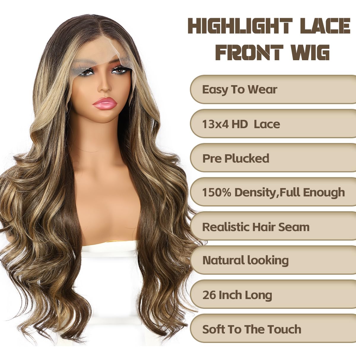 BABEHERS Highlight Brown Lace Front Wig for Women 13x4 Body Wave Synthetic Wigs Balayage Pre-plucked Long Wavy 150% Density Heat Resistant Hair Daily Use 26 Inch