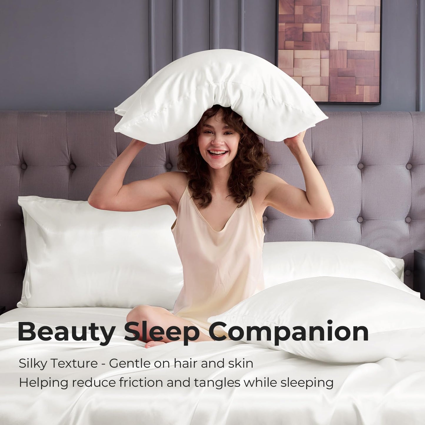 Sasttie Satin Sheets Queen - 4 Pieces Luxury Soft White Silky Bed Sheets Set with Pillowcases - Smooth Silk-Like Drap Satin Fabric, Reinforced 14 Inches Pocket, Oeko-Tex Certified