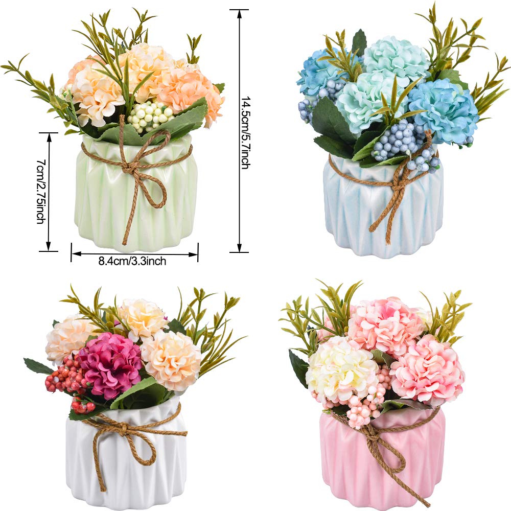 Artificial Flower Plants – Mini Fake Hydrangea Flowers in Pot for Home Decor Party Wedding Office Patio Table Desk Decoration (Set of 4)