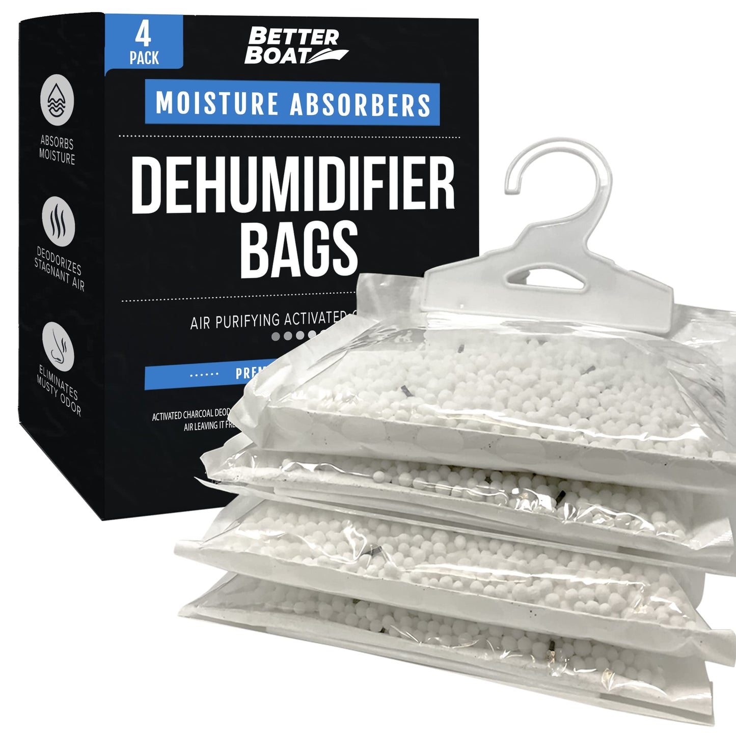 4 Pack Boat Dehumidifier Moisture Absorber Hanging Bags and Charcoal Smell Remove Damp Musty Smell | Basement Closet Home RV or Boating