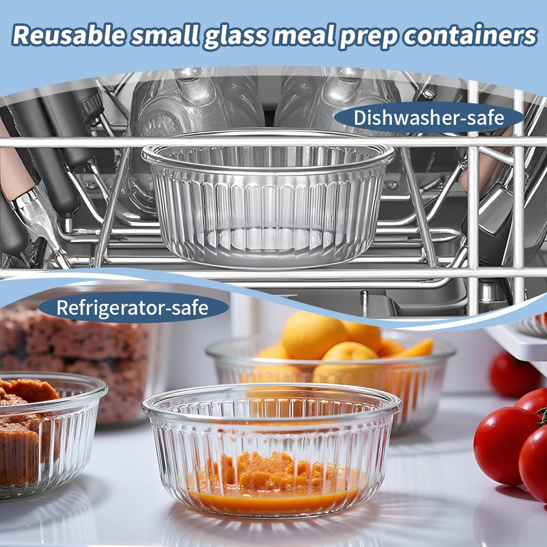 H.JSS WDJS 370ml Round Glass Food Storage Containers Airtight Lids, Small Round Glass Containers for Food Storage, Leak-proof, BPA free Meal Prep Bowls, Dishwasher, Microwave, Freezer Safe (4Pack)