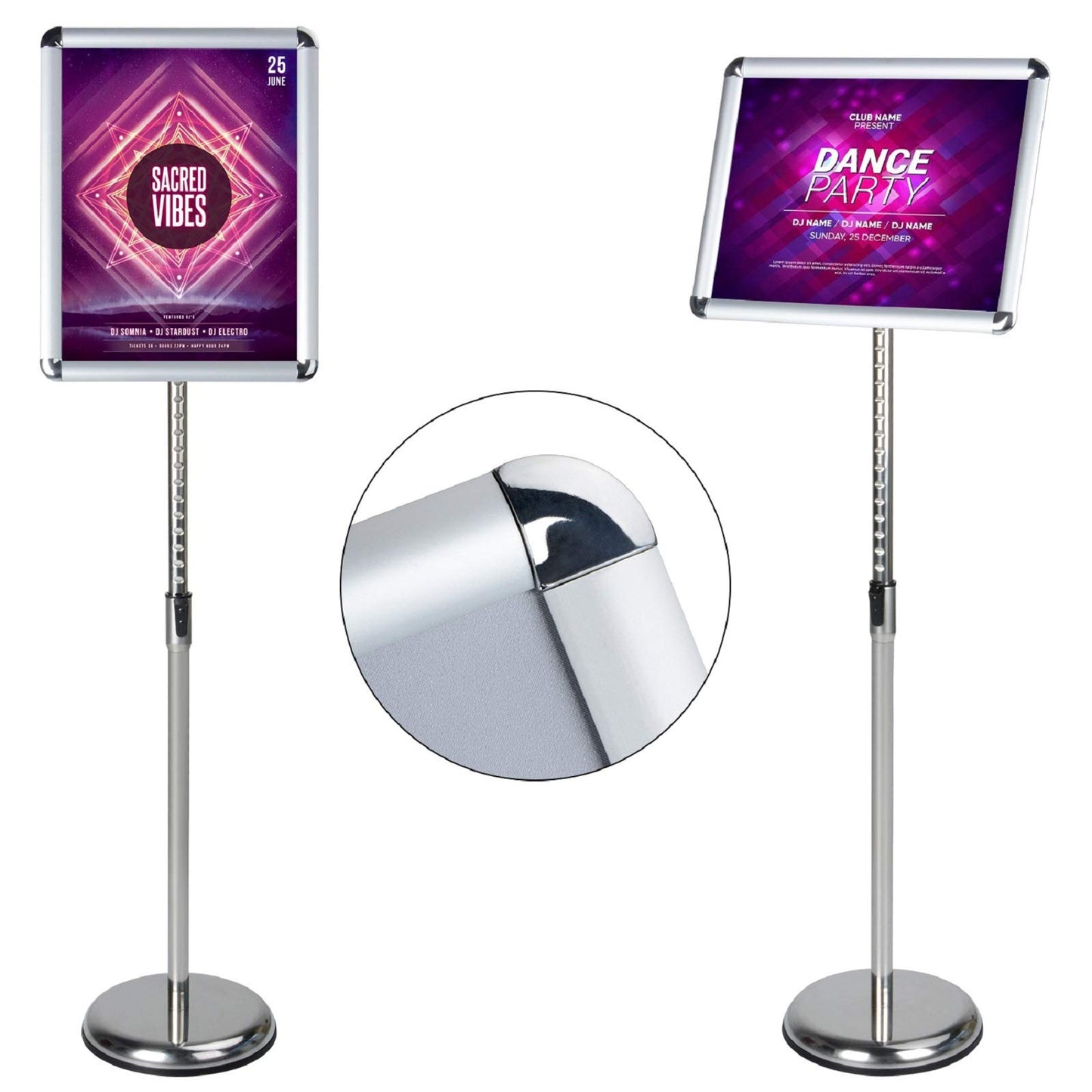 AkTop Adjustable Poster Sign Stand, 11 X 17 Inch Heavy Duty Pedestal Floor Standing Sign Holder, Silver Snap-Open Aluminum Frame with Safety Rounded Corner