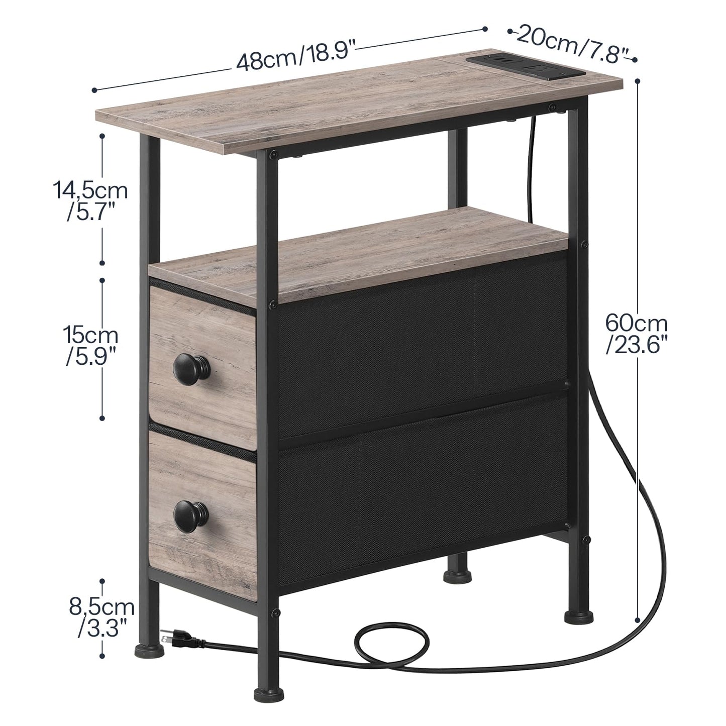 HOOBRO End Table with Charging Station, Narrow Side Table with 2 Fabric Drawers, Skinny Nightstand with Storage, Slim Bedside Table for Living Room, Small Spaces, Greige and Black BG487UBZ01