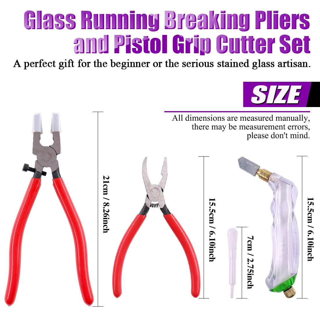 Swpeet Heavy Duty Glass Running Pliers, Breaker Grozer Pliers and Grip Oil Feed Glass Cutter Kit, Professional Stained Glass Cutting Tool with Extra Rubber Tips Perfect for Stained Work