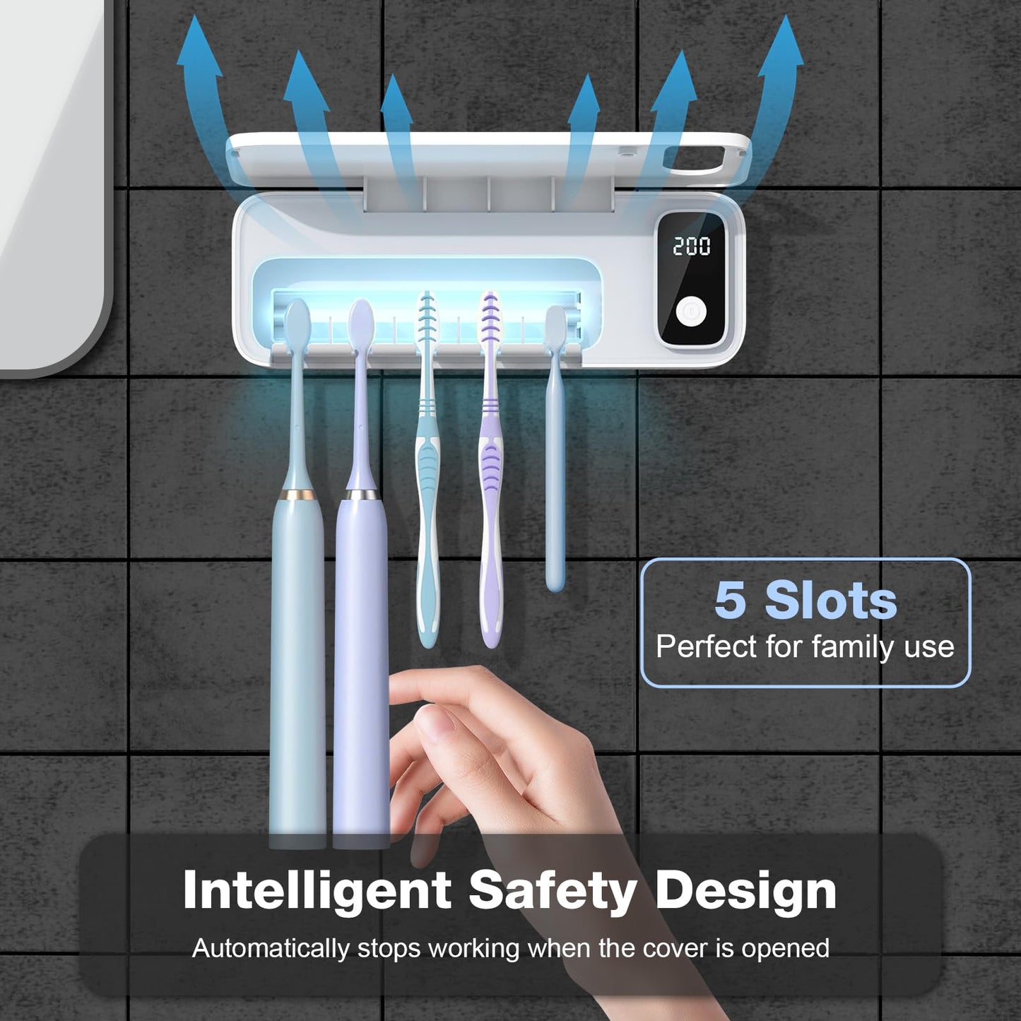 UV Toothbrush Cleaner Holder,5 Slots Wall Mounted Toothbrush Holder for Bathroom,Rechargeable Toothbrush Cleaner Case with Holder for Most Toothbrushes,No Drilling