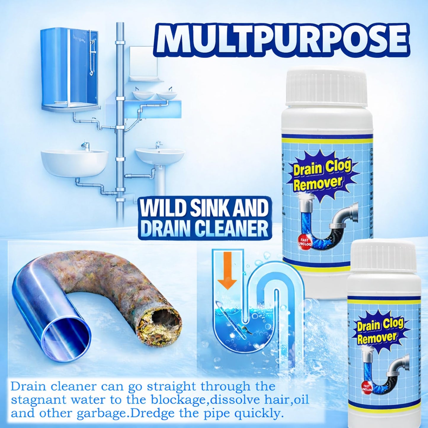 Sink and Drain Cleaner Powder Kit: Fast-Acting Clogged Pipe Opener for Kitchen Bathroom Pipes and Floor Drains - Drain Clog Remover for Routine Home Plumbing Maintenance (440 g)