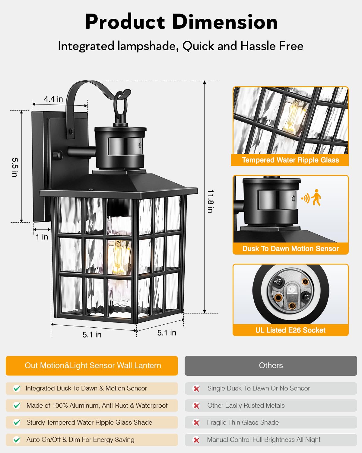 VIANIS Outdoor Wall Lantern with Motion Sensor, Dusk to Dawn Exterior Light Fixtures Wall Mount, Led Outdoor Porch Light, Anti-Rust 100% Aluminum Modern Black Outdoor Wall Sconce for Garage, Entryway