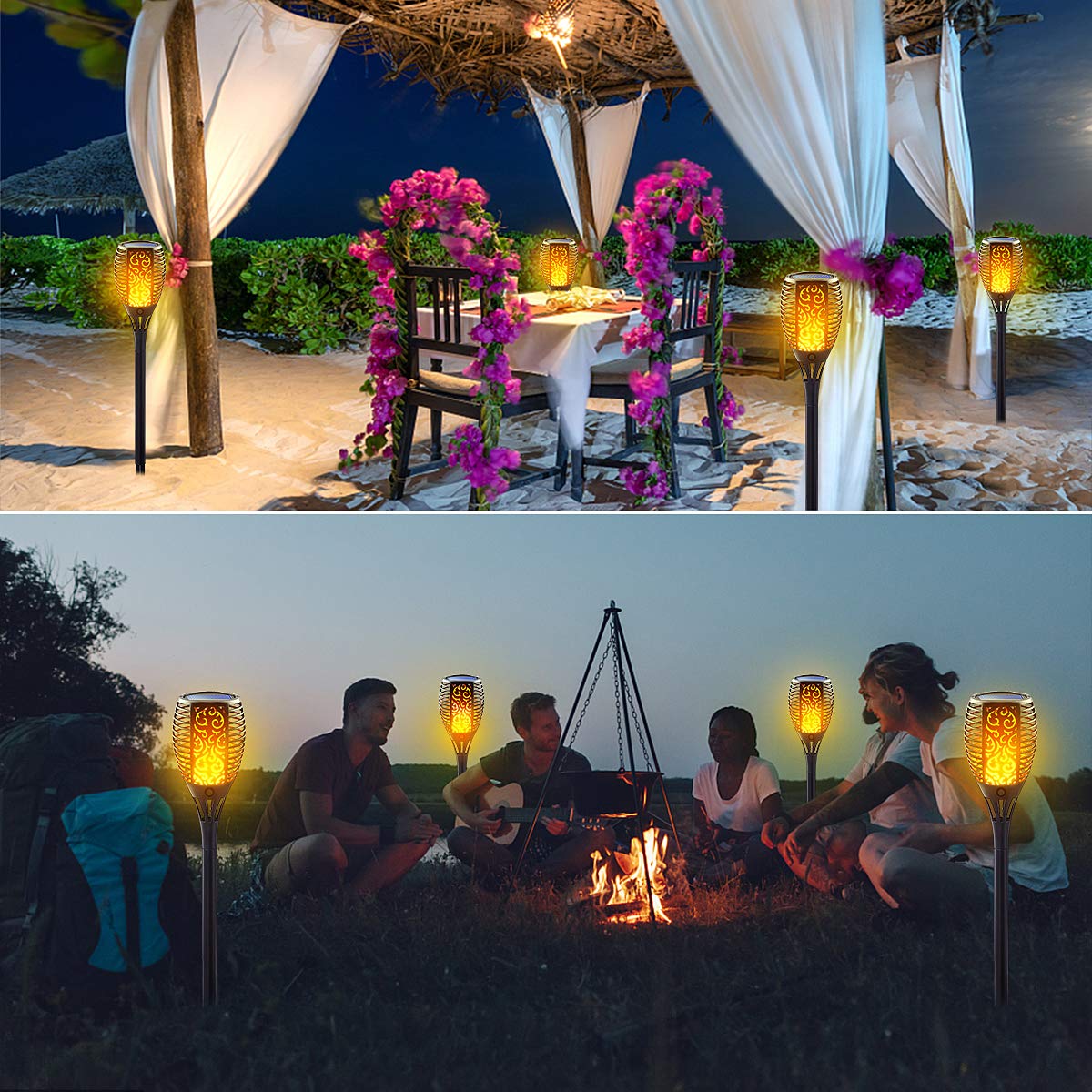 LazyBuddy Solar Torch Lights Outdoor, Large Solar Tiki Torches with Flickering Dancing Flame, IP65 Waterproof Halloween Decoration for Canadian Garden/Patio/Pathway, Auto On/Off (4 Pack)