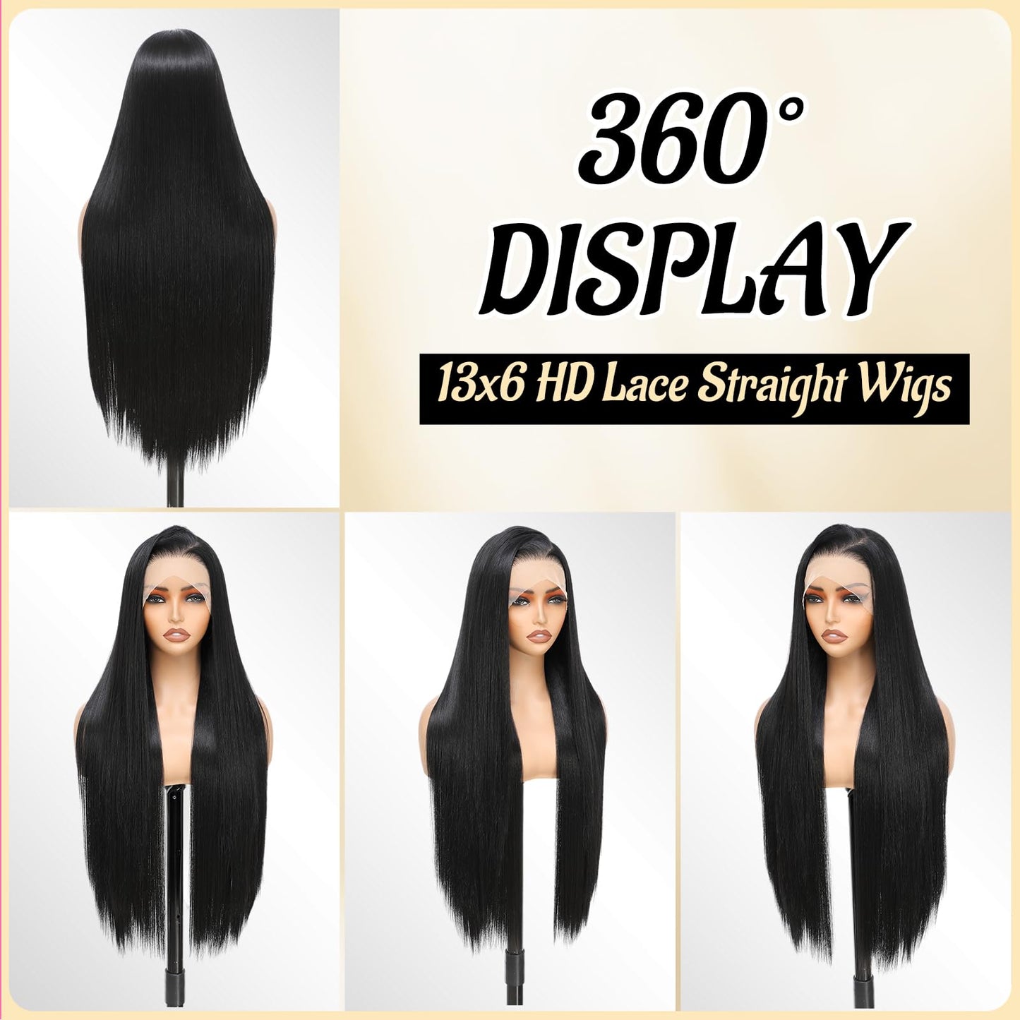 Geogroket 13x6 Lace Frontal Wig Long Straight Wigs Pre-Plucked Hairline with Baby Hair Transparent Swiss Lace Heat Resistant Synthetic Glueless Lace Front Wigs for Girls Daily Party Use 30 Inch (#1B)