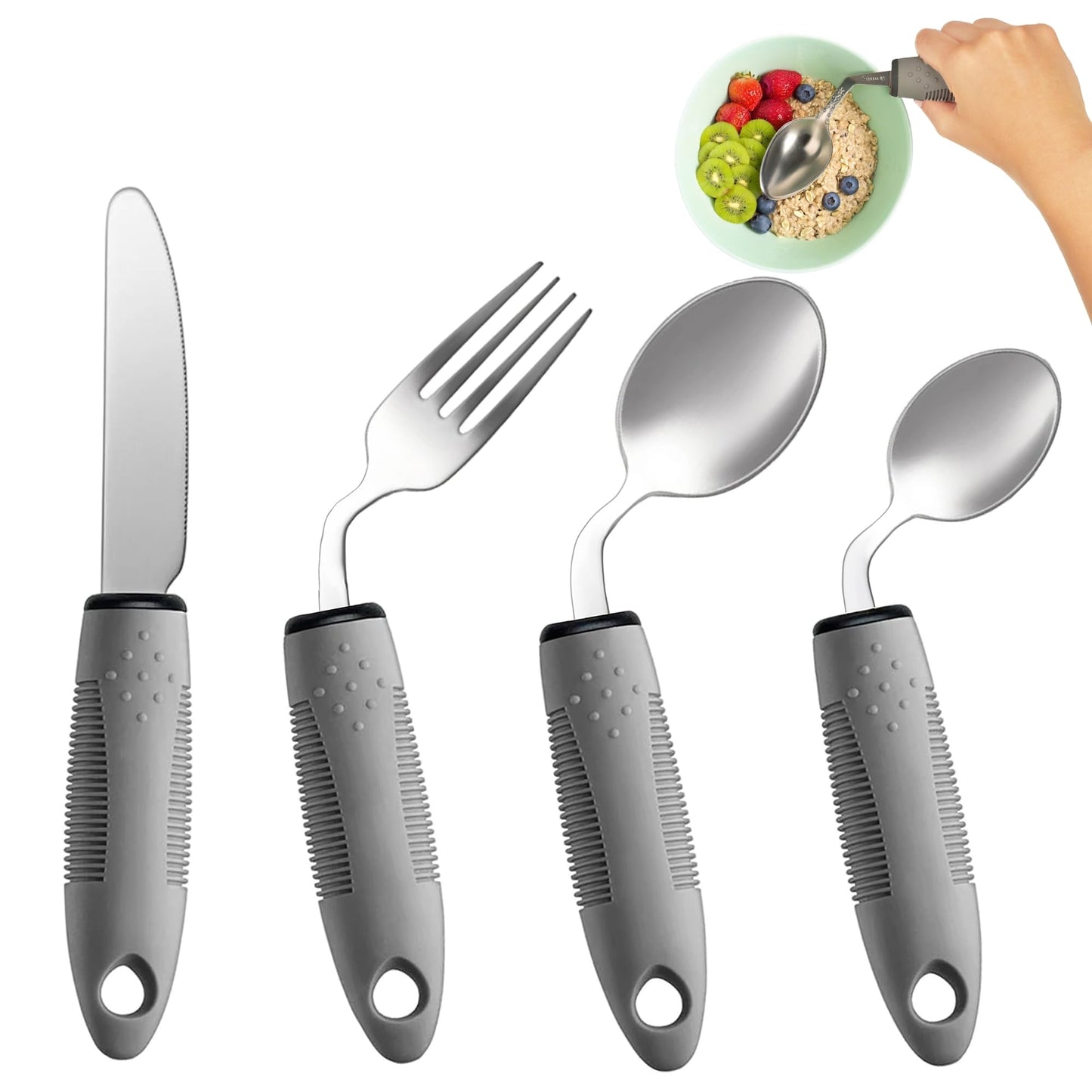 BaseSmall - 2.5 oz Adaptive Utensils (4-Piece Kitchen Set) - 42° Angled Adaptive Cutlery for Parkinsons Patients, Hand Tremors, Arthritis and Elderly - Eating Silverware for Elderly (Left-Handed)