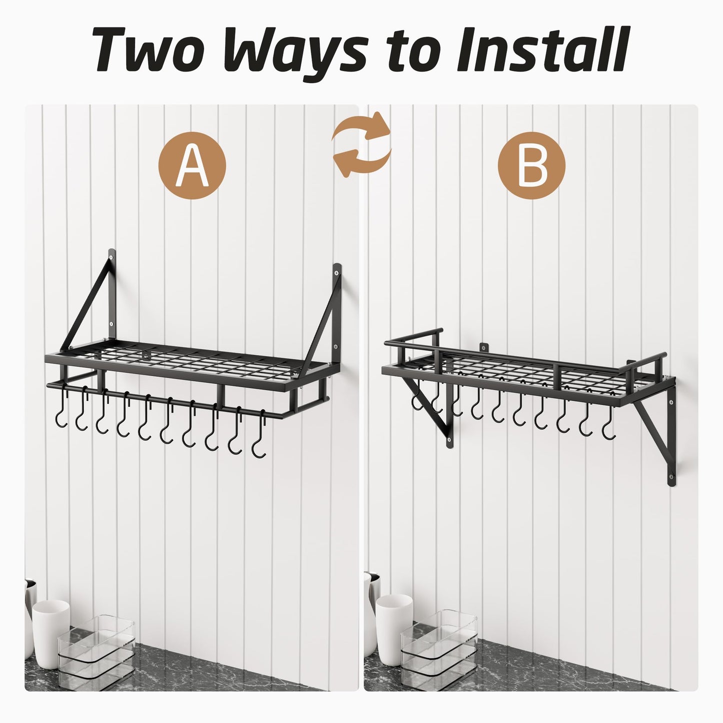 KES Pot Rack 24 Inches Kitchen Pot and Pan Organizer Rack Wall Pot Hangers With 10 Hooks Matte Black, KUR215S60-BK