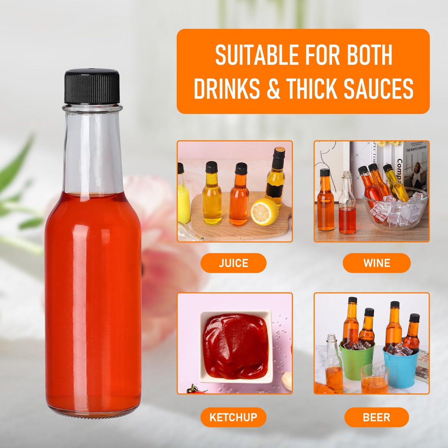 EkkoVla 35 Pack 5 oz Clear Glass Hot Sauce Bottle with Black Caps and Orifice Reducers, Clear Woozy Bottles Empty Wine Bottles with Shrink Capsules Colorful Stickers