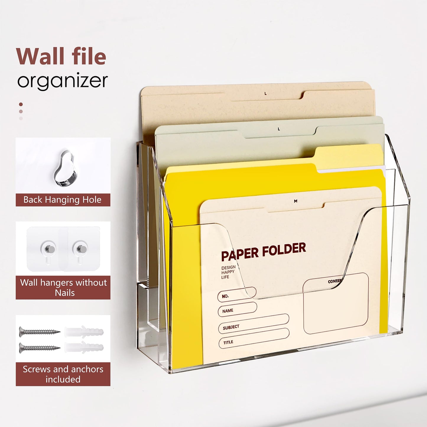 SANRUI Clear Acrylic Desk File Mail Organizer Wall Mounted, 3-Tier Hanging File Folder Holder, Office Magazine Document Rack