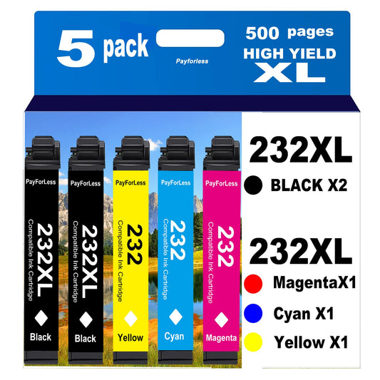 232XL Remanufactured for Epson 232XL Ink Cartridges Combo Pack 232 XL T232 XL for XP-4200 XP-4205 Workforce WF-2930 WF-2950 Printer 5 Pack 2 Black 1 Cyan 1 Magenta 1 Yellow