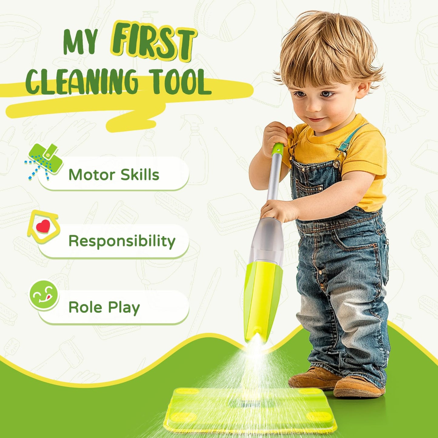 Yasterd Kids Spray Mop, Fun & Functional Toddler Mop Cleaning Set,Real Working Mini Mop, Pretend Play Toy –Includes Spray Bottle,Washable Microfiber Pads, Montessori Toddler Cleaning Toy Set -Green