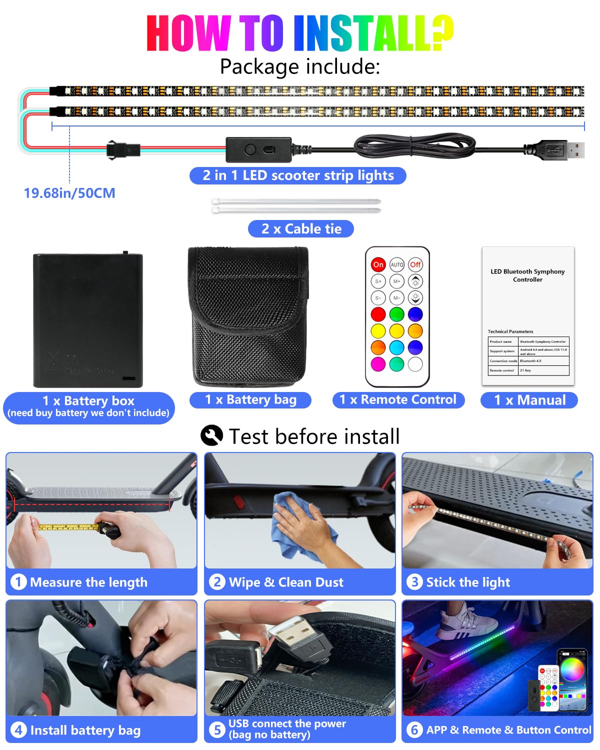 Keiurot Scooter LED Strip Light, Led Lights for Scooter Night Riding Skateboard Scooter Lights APP Control Flowing Color Waterproof Electric Scooter Accessories 2 in 1