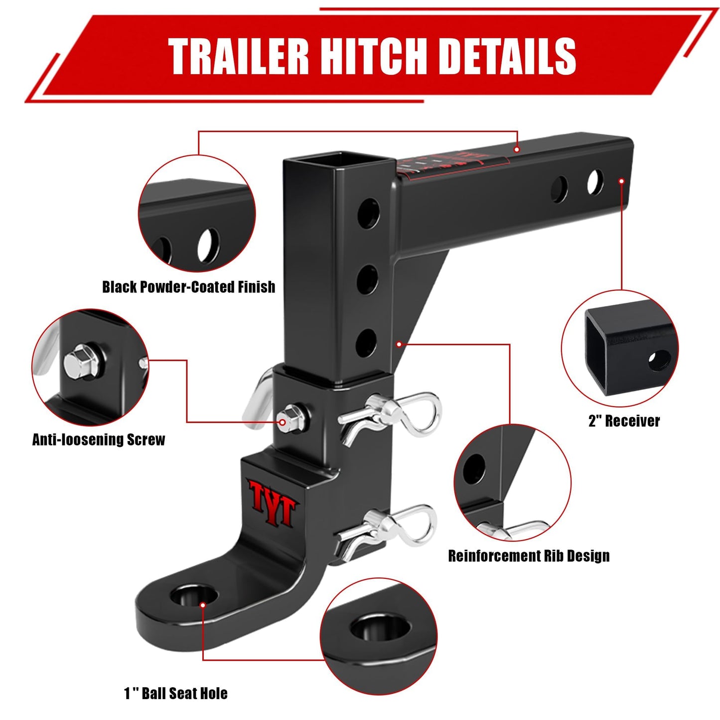 TYT Adjustable Trailer Hitch Ball Mount, 6-Position Tow Hitch, Fits 2-Inch Receiver, with 1" Hitch Ball Hole, 9-1/2" Drop & 8-1/4" Rise Drop Hitch, 7500 lbs