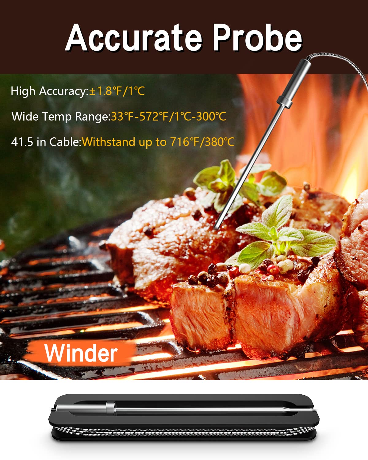 BFOUR BBQ Thermometer Wireless, Large LCD Digital Meat Thermometer Wireless with 2 Meat Probes, Bluetooth Meat Thermometer BBQ for Smoker Kitchen Cooking, Meat Thermometer for Grill BBQ and Oven