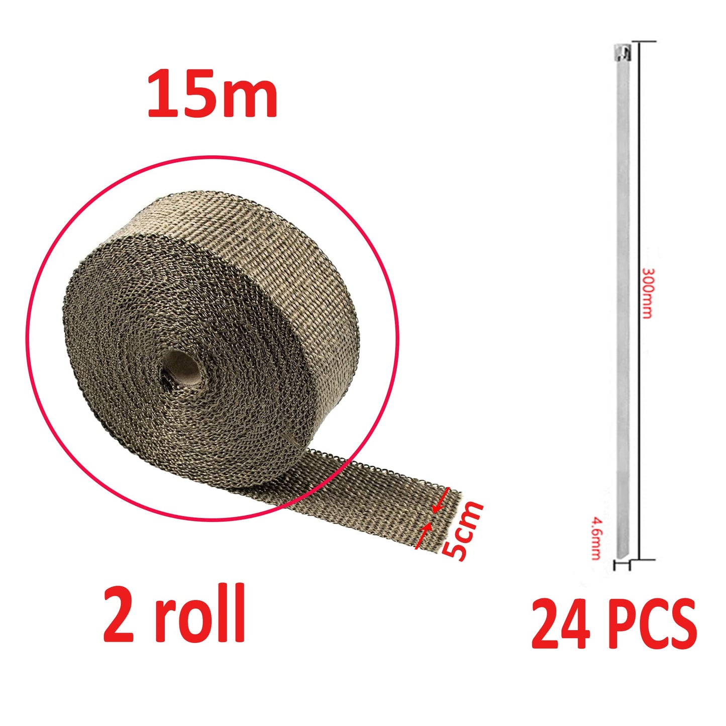 Arespark Thermal Exhaust Band, 2 Rolls 2 in x 50 ft Gold Thermal Insulation Tape Made of Basalt Fibres with 24 Stainless Steel Clamps for Motorcycle and Car Exhaust Manifolds
