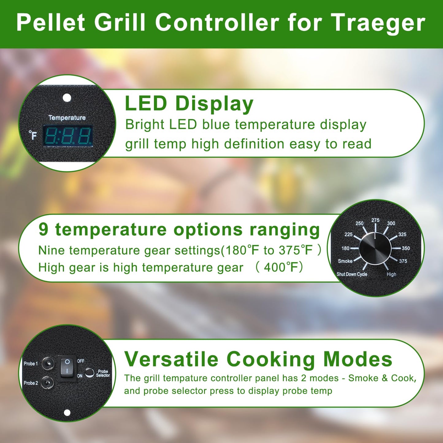 Digital Thermostat Controller Compatible with Traeger Pro 34, 20, 22 & Pellet Grills Smoker BAC365, Precision Temperature Control Panel Replacement Parts with 2 Meat Probe for BBQ